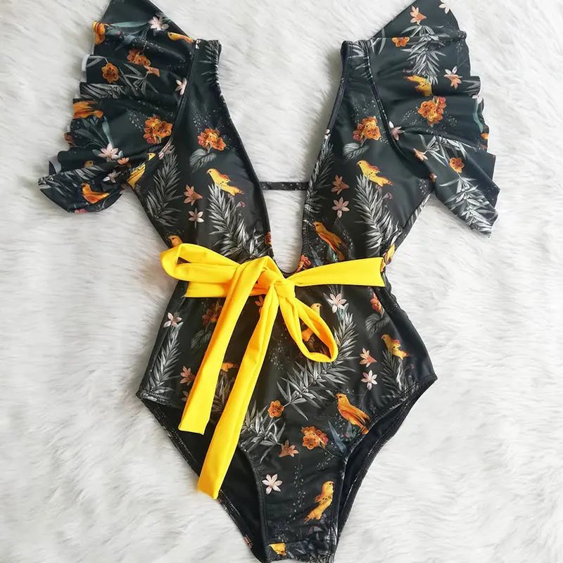 2020 Sexy Swimwear Women One Piece Swimsuit Ruffle Push Up Bandage BodySuit Beachwear V Neck Bathing Suit Female Swimming Suit