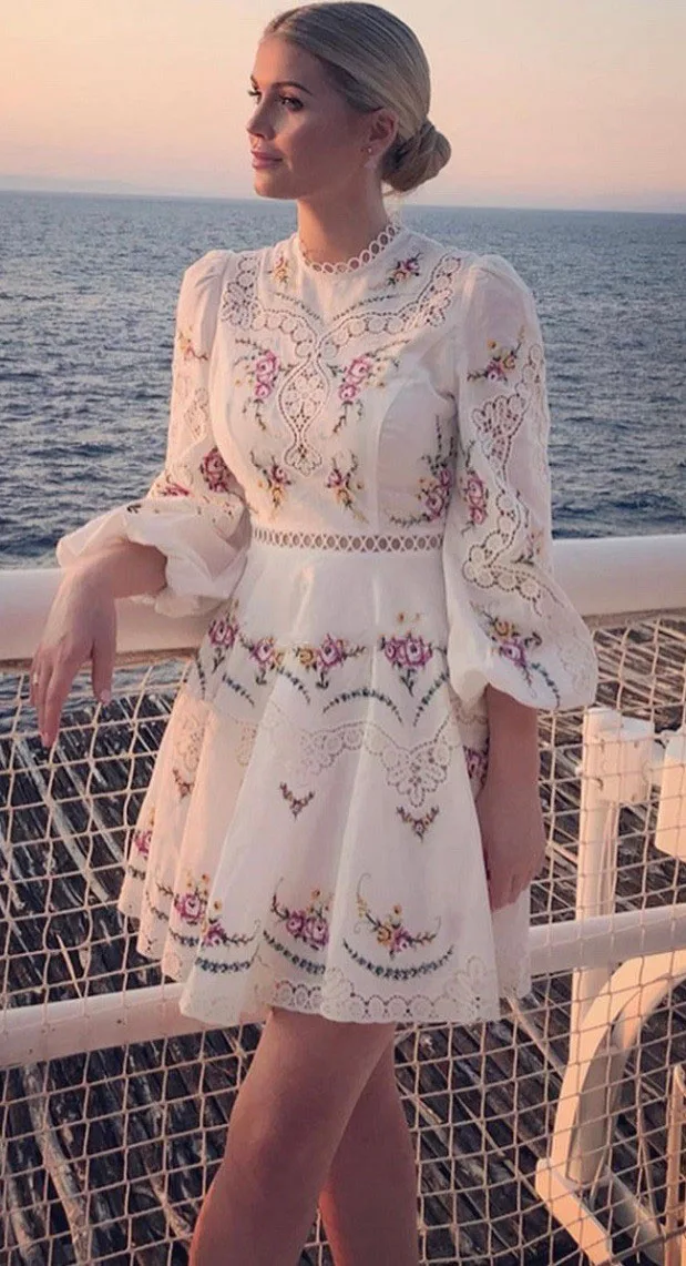 

Multicolored Floral Embroidered linen MINI Dress Ruffled Hem Lace Embroidered Long Sleeves Fashion Woman Short dress