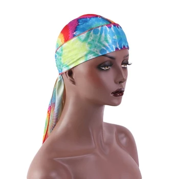 

6Colors New Hair Cap For Sleeping Styling Thick Tie-Dye Long Tail Pirate Band Wrap Hat Imitation Silk Polyester Headband Turban