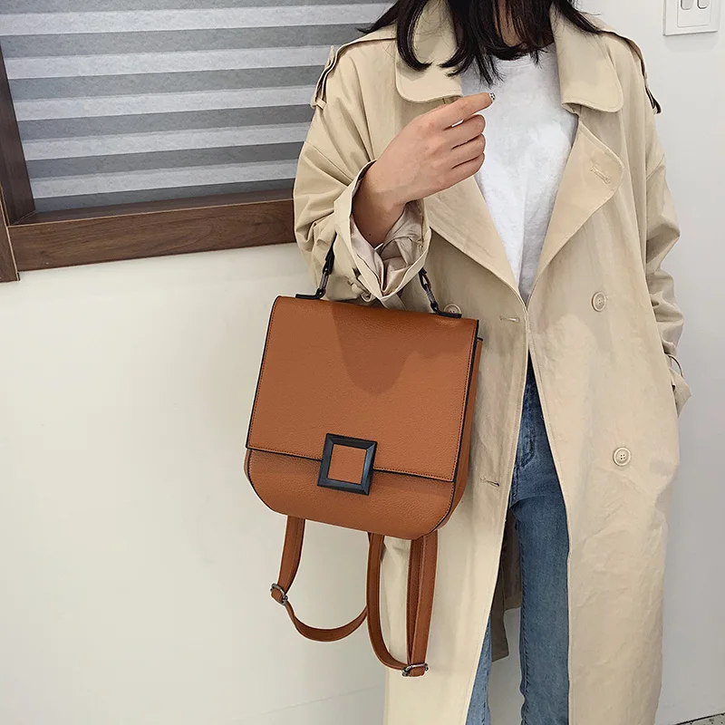 Women's PU Leather Backpack Door Lock Bag Casual Simple Double Shoulder Student Backpack Fashionable Large Capacity Travel Bag