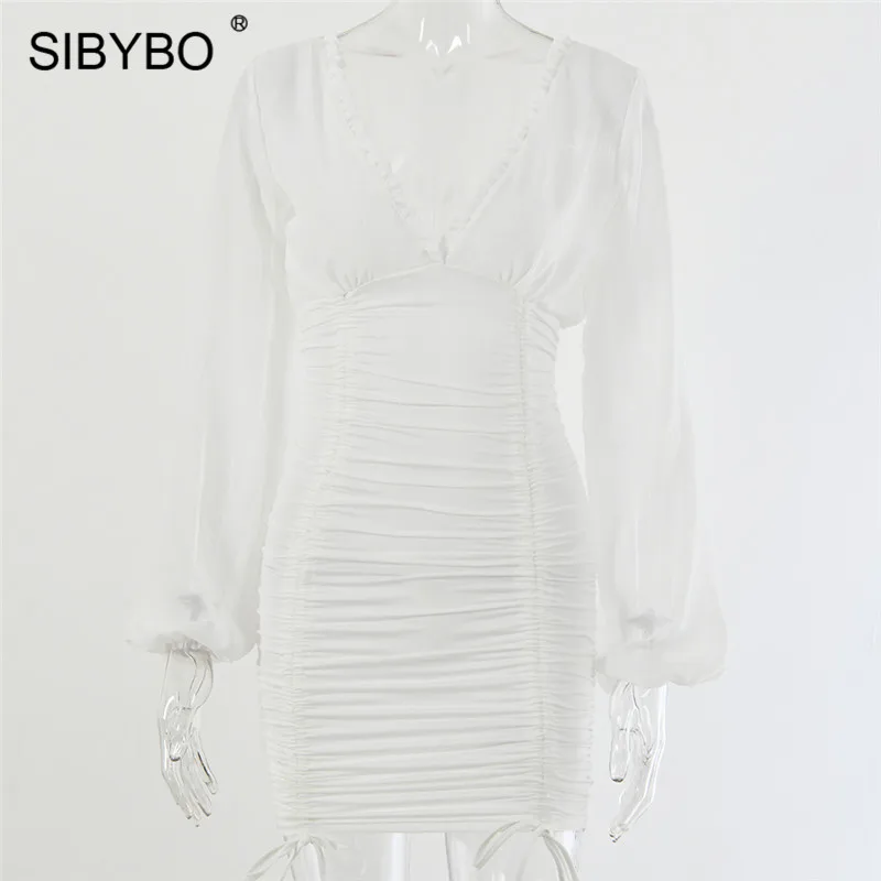 SIBYBO Сетчатое лоскутное Плиссированное осеннее платье для женщин с глубоким v-образным вырезом и длинным рукавом мини сексуальное облегающее платье с открытой спиной Вечерние Короткие платья