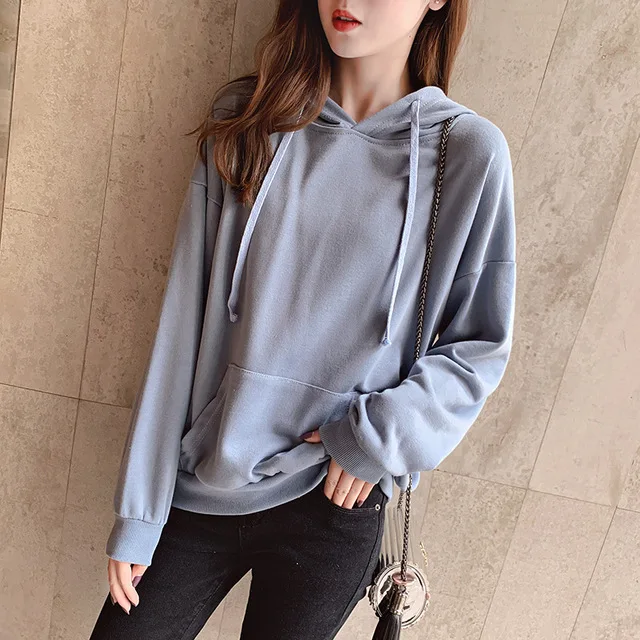 Harajuku Hoodies women Sweatshirts Solid color Autumn Winter Hooded Tops Women Hoodies Casual Long sleeved Thickening Coat P043 - Цвет: Blue