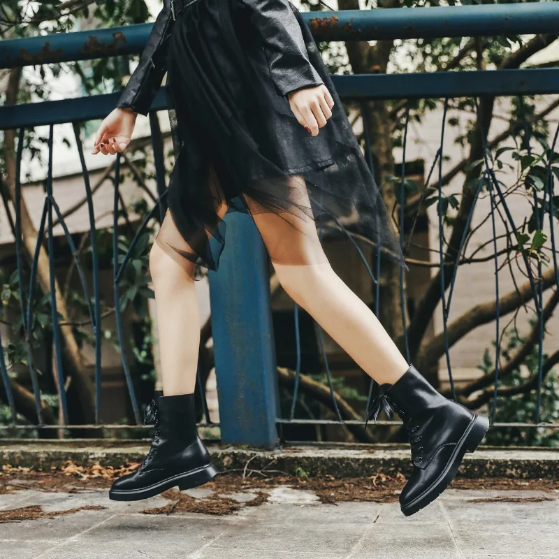

Genuine Leather Martin Boots Women's 2019 Autumn And Winter New Style plus Velvet Short Boots British Style Black Tie Versatile