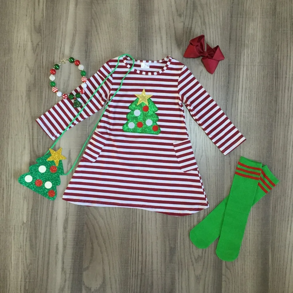 Рождественская елка, снеговик, зимняя одежда для малышей, платье в полоску из хлопка, Изысканная одежда до колена, подходящие носки с ожерельем и бантом и сумочкой