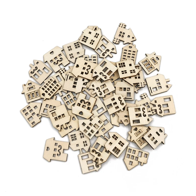 50PCS Wood Craft Shapes House Shaped Wood Embellishment Cutout Veneers