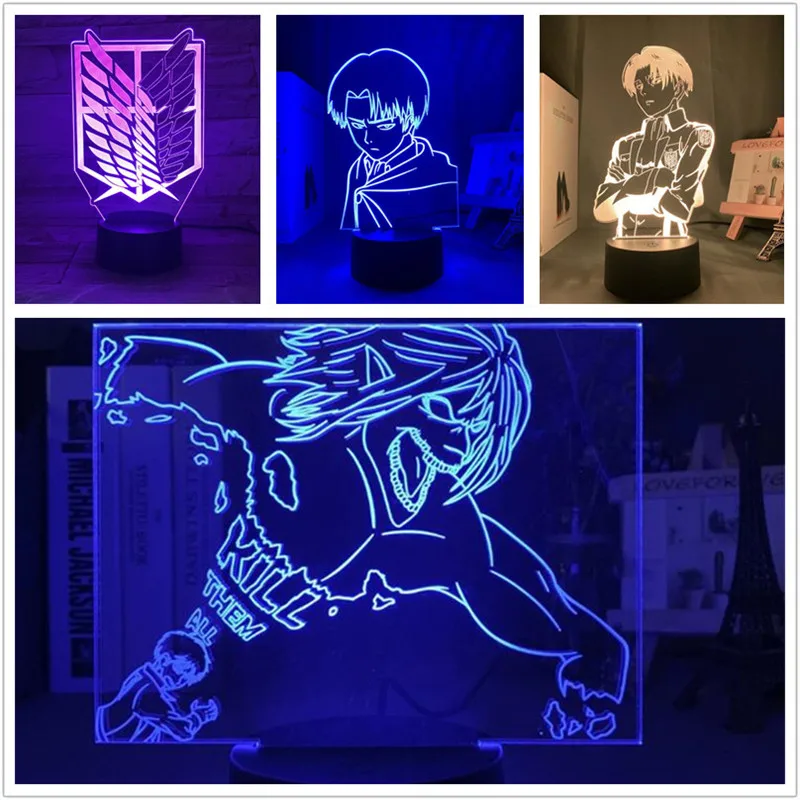 Attack On Titan Anime 3D Lamp LED Home Decoration Eren Jaeger Levi Mikasa Figure Lampara Bedroom Bedside Night Light Home Decor