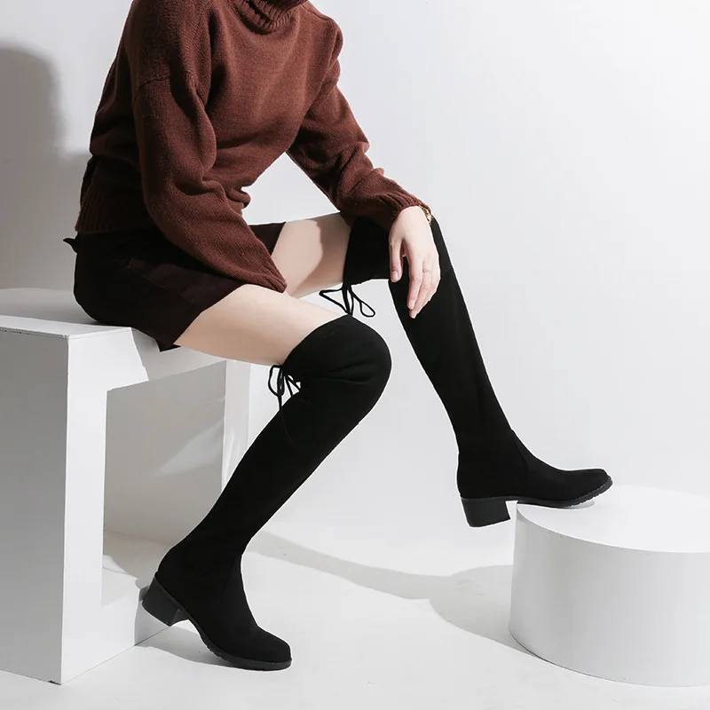 

Winter Shoes Women Lace Up Boot Long Female Bootee Woman 2019 Autumn Boots Booties Ladies Chunky Heel Round Toe Large Size