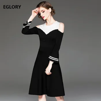 

High Quality Knitted Dress 2019 Autumn Fashion Sweater Dress Women Sexy Off Shoulder Striped Print Flare Sleeve Pink Blue Dress