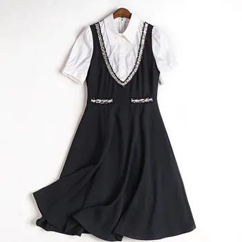 

Dress Women Spring and Aummer 2020 New Ladies Short sleeve Turndown collar Patchwork Faux Two Piece Slim A-Line Dress