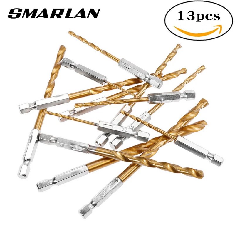 SMARLAN 13pcs HSS High Speed Steel Titanium Coated Drill Bit Set 1/4 Hex Shank 1.5-6.5mm Twist Drill bit Woodworking Tools Set two color twist drill hexagonal shank 4341 high speed steel drill bit set 1 4 hex shank 1 5 6 5mm drilling bit woodworking drill