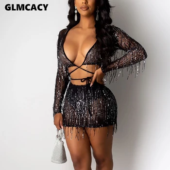 

Women Two Piece Matching Sets Long Sleeve Tassel Design Sequined Top & High Waist Bodycon Skirt Sexy & Club Plus Size Suit