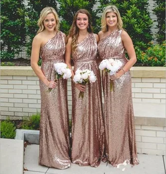 

Sparkle Cheap Bridesmaid Dresses Under 50 A-line One-shoulder Sequins Long Wedding Party Dresses