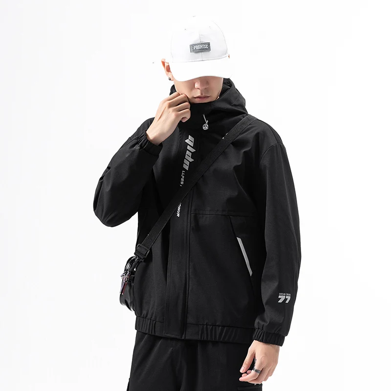 Hot Sale Autumn Letter Printed Stylish Casual Men's Hooded Jacket Fashion Up-Zipper Front Windbreaker Coats Big Size Windproof