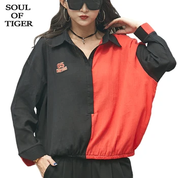 

SOUL OF TIGER 2020 Spring Korean Designer Ladies Casual Patchwork Shirts Women Loose Chiffon Blouses Fashion Female Tops Clothes