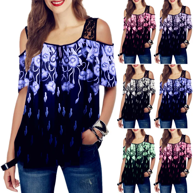 

Summer 2020 Sexy Strap Women Hole Ruffles Printed Tops Tees Plus Sizes Femme Off Shoulder Blouse Shirt Lace Befree Boho Casual