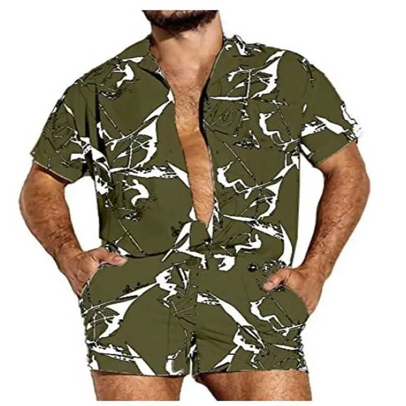 Mono con estampado Floral para hombre, traje de verano de manga corta divertido en 3D, conjunto Hawaiano, trajes informales de una pieza, 2021