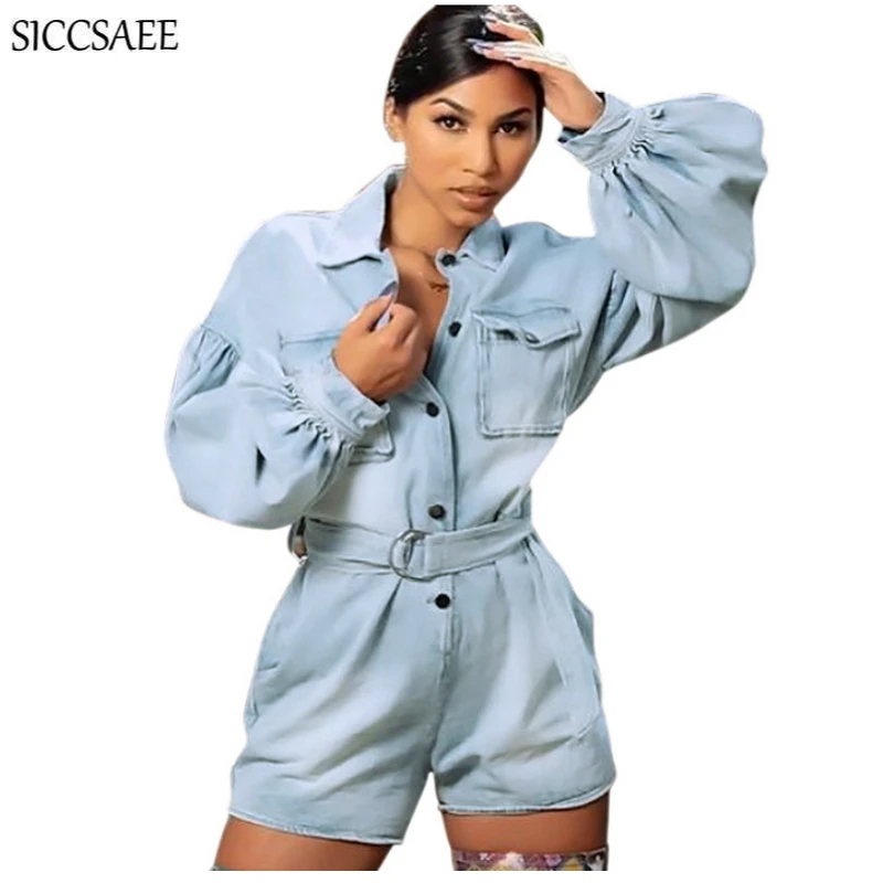 

Denim Playsuits For Women With Sashes Jeans Sexy Casual Rompers Womens Jumpsuit Shorts Button Front Bodysuit Salopette Femme