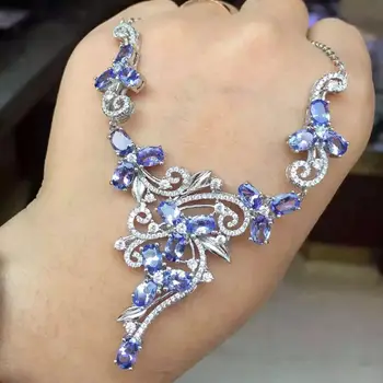 شراءجديد القادمة الطبيعية والحقيقية تنزانيت قلادة قلادة S925 فضة المرأة اللون الأحجار الكريمة والمجوهرات الطبيعية