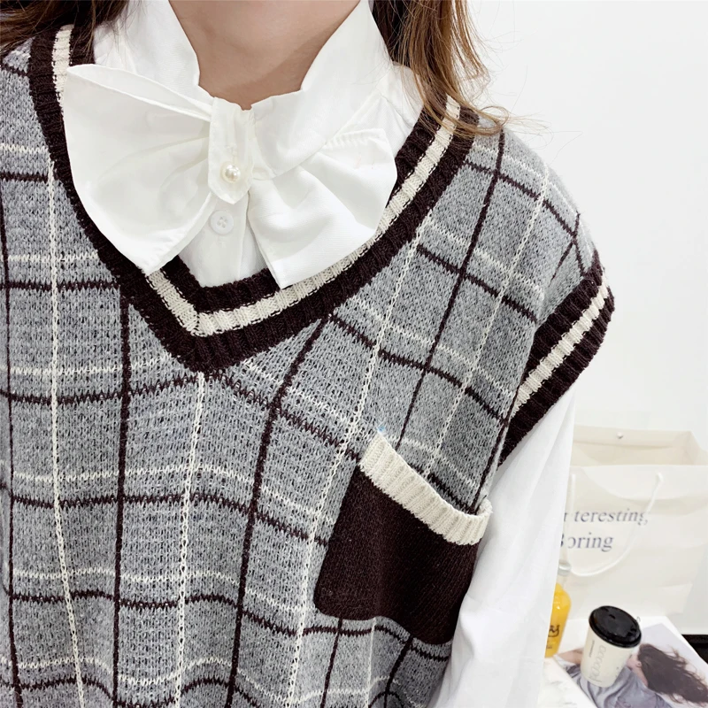 Зимние топы без рукавов для женщин корейский стиль преппи винтажный клетчатый карман v-образный вырез вязаный свитер большого размера жилет черный T357