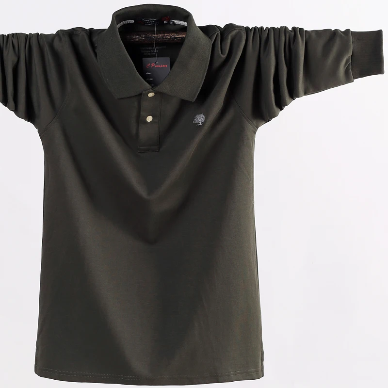 Мужская рубашка поло мужская деловая Повседневная однотонная Мужское поло рубашка с длинным рукавом высокого качества из чистого хлопка Осенняя брендовая одежда большого размера 6XL - Цвет: Army Green