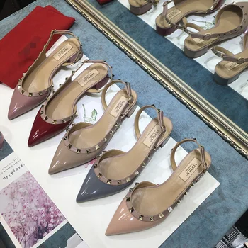 

New Style Women Sandals V Brand Logo Genuine Leather Women High Heel Shoes 3cm Coarser Heel Rivets Wedding Shoes 34-41