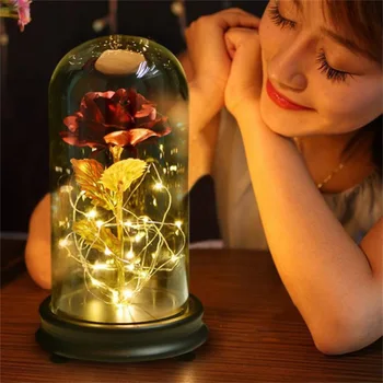 

Birthday Gift Beauty and the Beast Red 24K Rose w/ Flower in a Glass Dome Light String Gift Birthday Valentine's Day Mother's