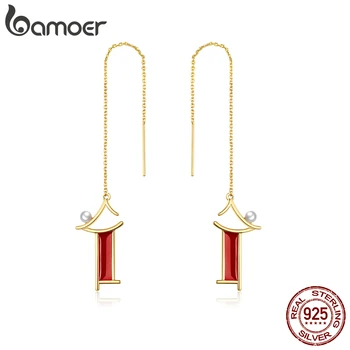 

bamoer 925 Sterling Silver Chinese Pavilion Long Chain Earrings for Women Gold Color Enamel Brincos Fashion Jewelry BSE340