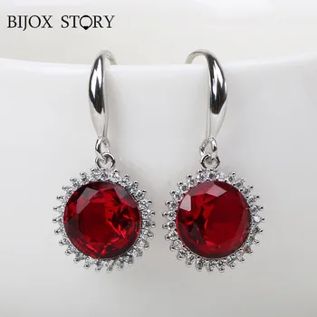 

BIJOX STORY 925 Silver Earring round shaped Amethyst Ruby Gemstone Drop Earrings Elegant Jewelry for female Wedding Party Gifts