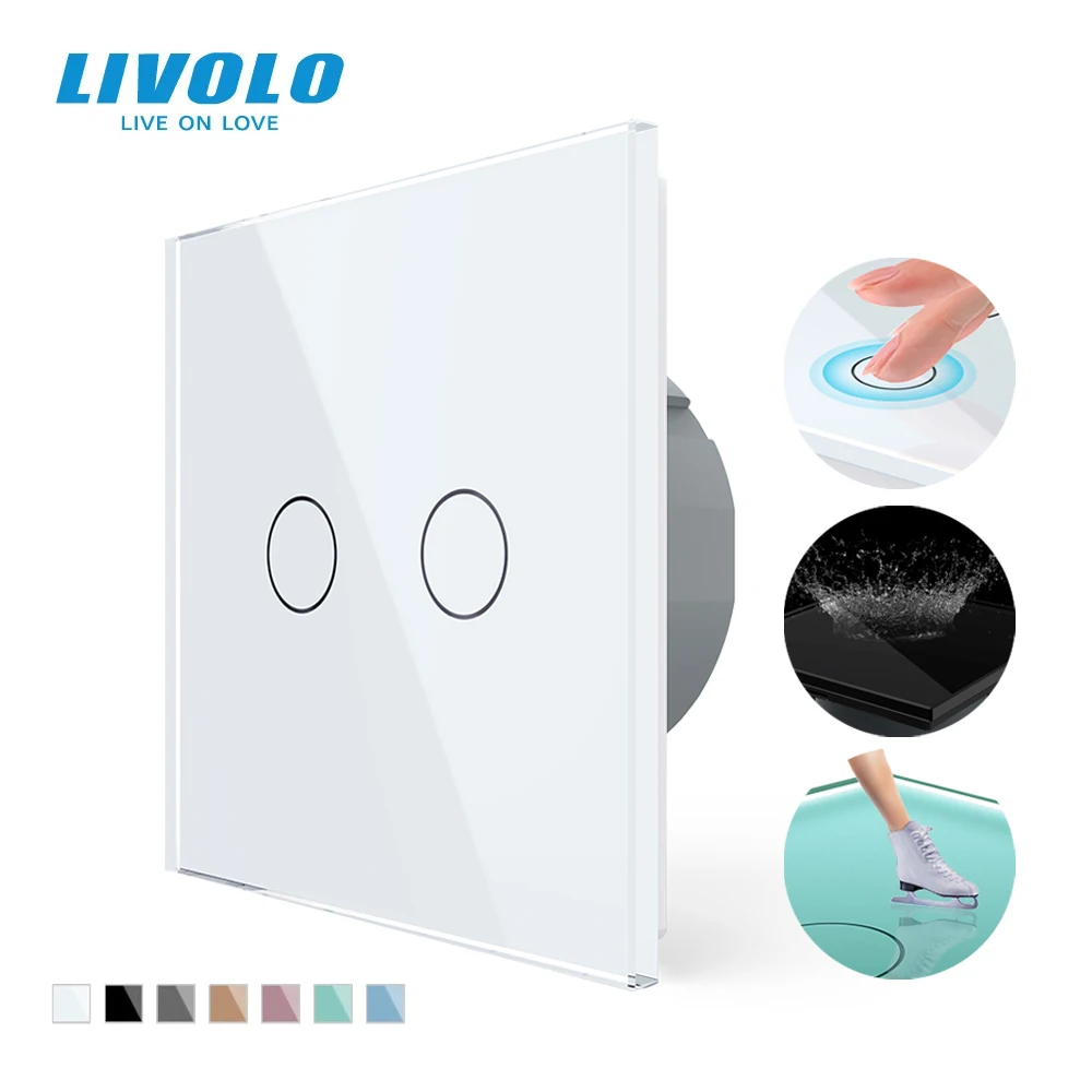 LIVOLO 2 lámparas Toque pared Interruptor de luz, templado panel de vidrio, rojo azul iluminar desde el fondo,dedo el sensor
