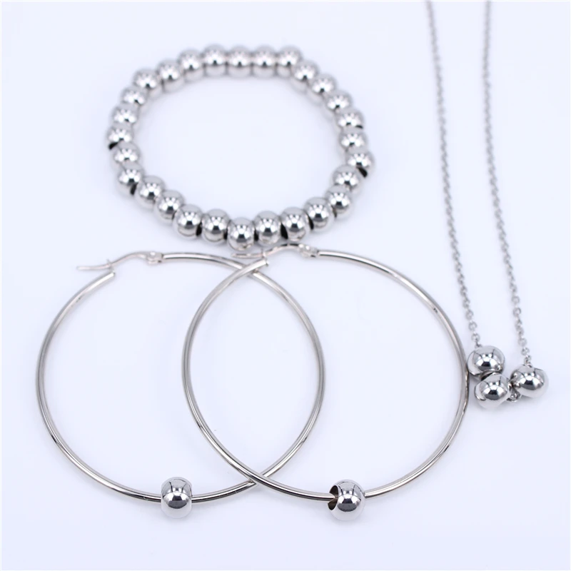 earring size 60mm Три набора гладких бусин из нержавеющей стали ювелирные изделия(браслет серьги ожерелье) 3 цвета на выбор Размер серьги бесплатно 10 мм-70 мм - Окраска металла: earring size 60mm