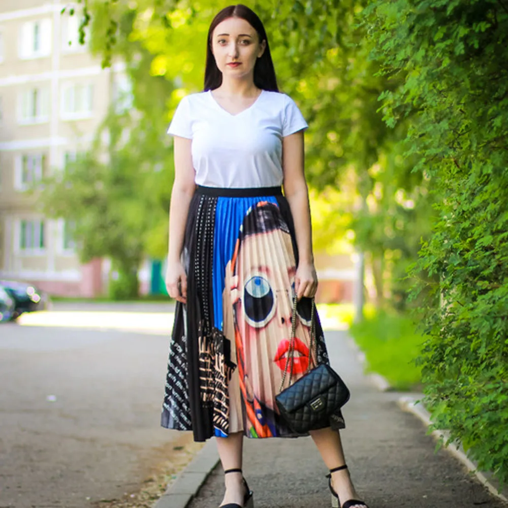 

In Voorraad Zomer Europen Print Hoge Taille Geplooide Rok High Street A-lijn Vrouwen Rokken Party Casual Midi kalf Lange rok