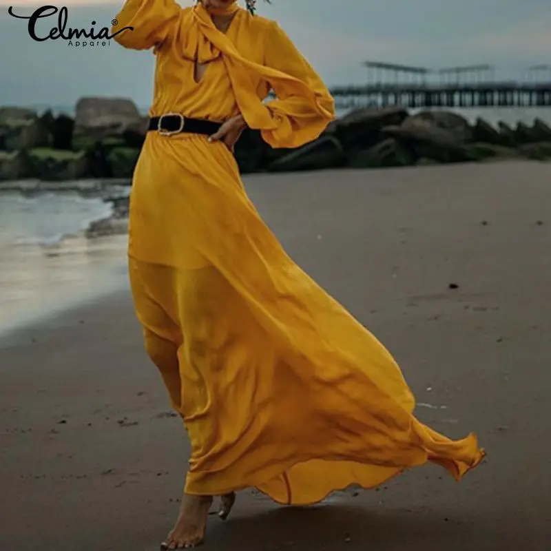 

5XL Women Ruffles Long Dress 2019 Celmia Autumn Lantern Sleeve Bow Tie Casual Loose Bohemian Party Vestidos Plus Size Robe Femme
