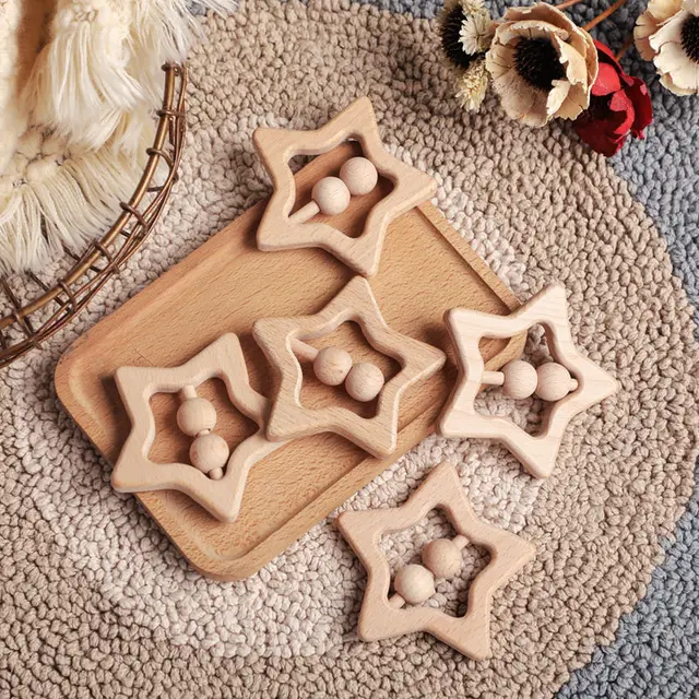 Baby Molar Toys Cartoon Star Shape Baby Teething Toys Food Grade Wooden Boy And Girl Gift Rattle For Children Kids Let's Make 4