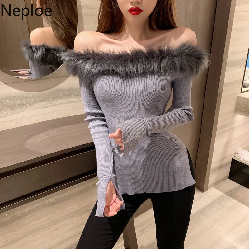 Neploe, сексуальный вязаный свитер с вырезом лодочкой, с открытыми плечами, в стиле пэчворк, рукав «яма», с разрезом, пуловер для женщин, Осень-зима 48371