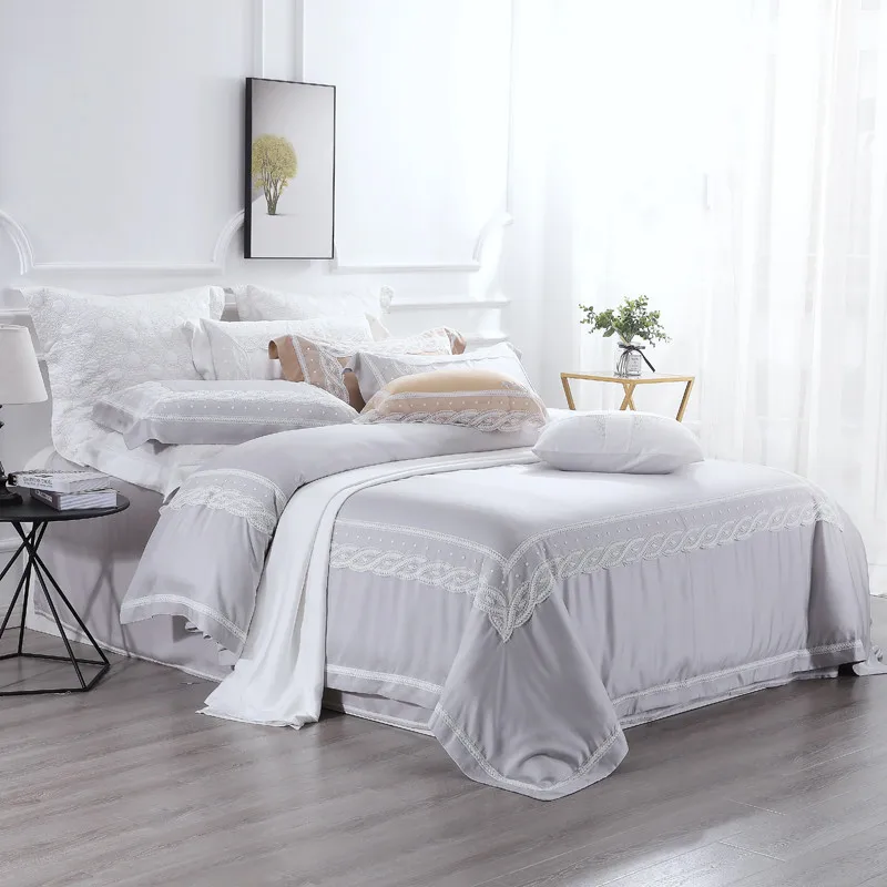 Grey Высокое качество queen King size серый 4 предмет комплекты постельных принадлежностей кружево принцесса органический натуральный Tencel лиоцелл пододеяльник простыня комплект - Цвет: Grey