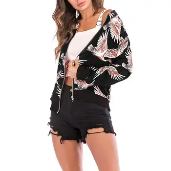 

Autumn Popular Flying Crane Printed Baseball Uniform Long Sleeve Zipper Bomber Jacket Casual Outwear For Sexy Casual Travelling