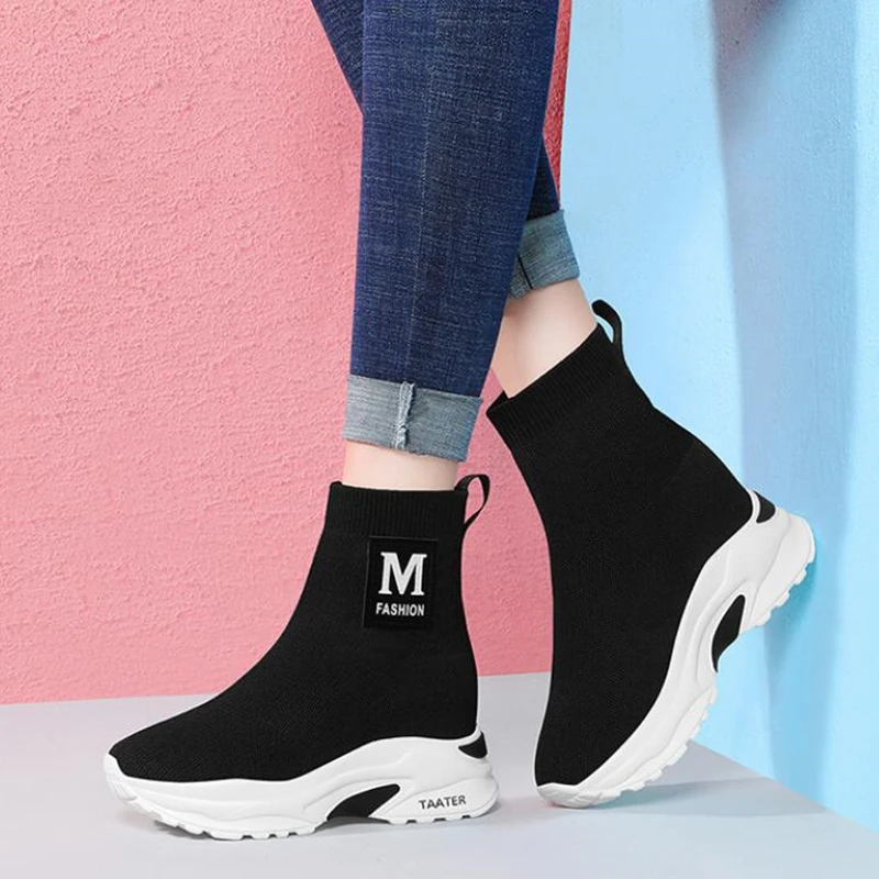 

JUNSRM High-top Platform Sneakers Women Knitted Casual Shoes Woman White Black Sneakers Air Mesh Chunky Trainers Dad Shoe Female