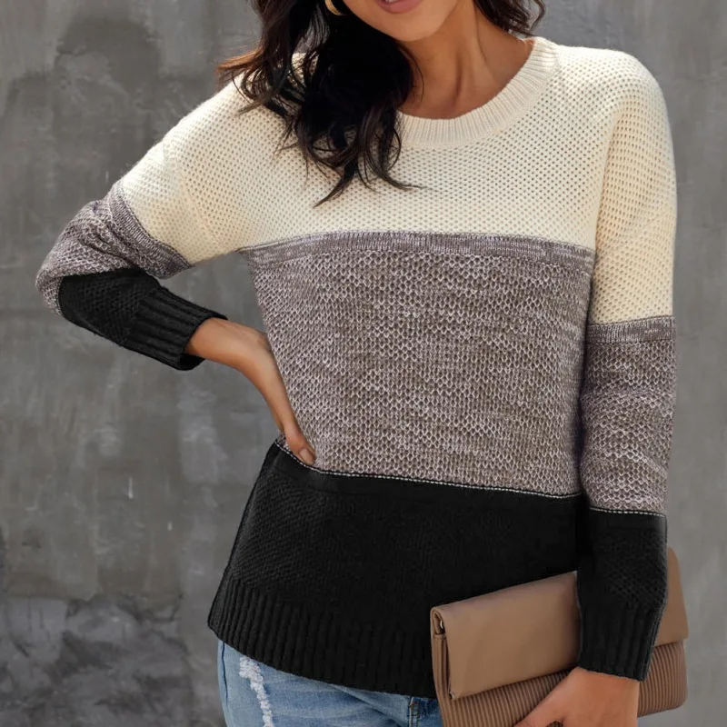 

ROPALIA Women Striped Sweater Autumn Winter O Neck Long Sleeve Sweater Loose Knit Pullover Patchwork