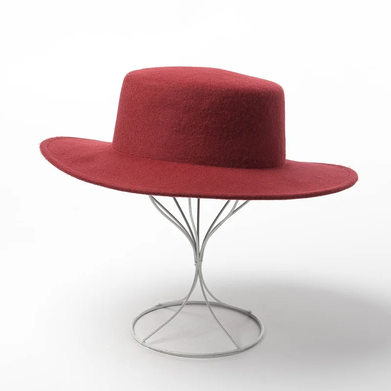 Высококачественные круглые плоские верхние шерстяные шляпы Fedora для женщин дамы широкие полями сплошной цвет вечерние шляпка для официальных мероприятий войлока Gambler cap