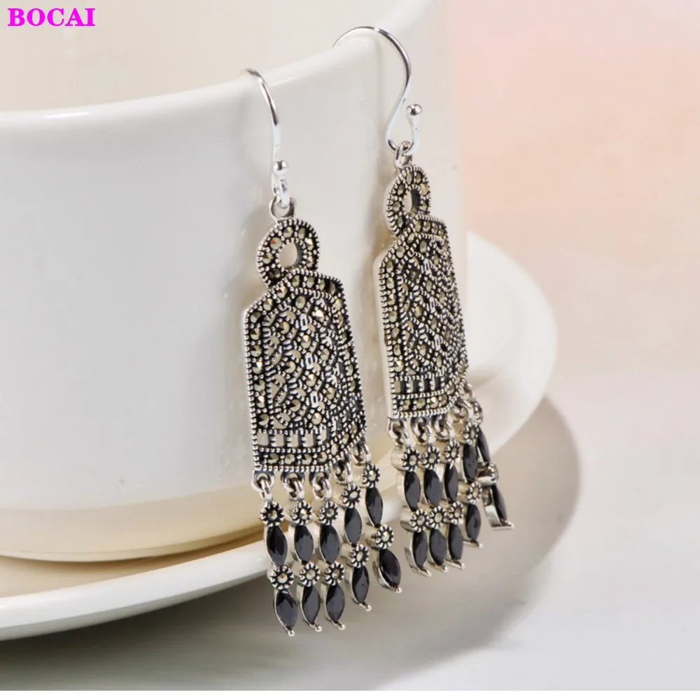 BOCAI 100% S925 Sterling Silver Ear Drop 2021 Fashion Simple Thai Silver Tassel Garnet Jewelry Pure Augentum Earrings For Women