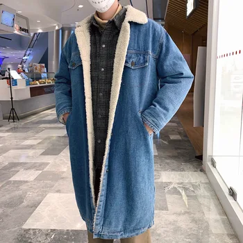 

2019 New Men Light Blue Winter Jean Jackets Outerwear Warm Denim Coats New Men Wool Liner Thicker Winter Long Denim Jackets
