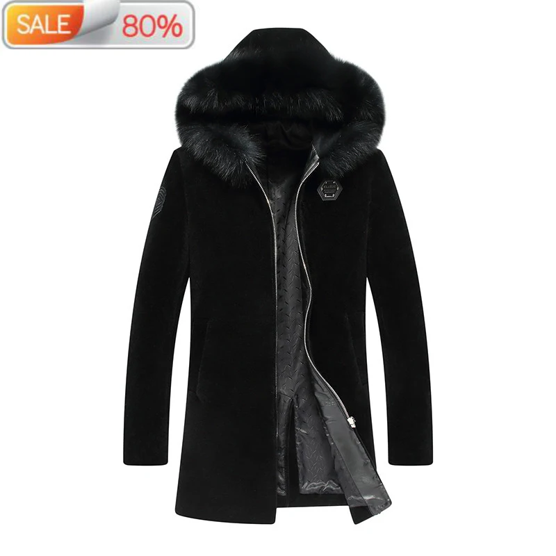 

100% Wool Winter Jacket Men Real Sheep Shearling Coat Mens Fox Fur Collar Long Jackets Plus Size 7061 ND1426