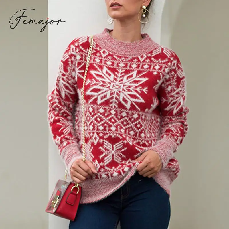

Femajor Women 2019 Winter Christmas Sweaters Fall Female Fashion Geometric Knitted Pullovers Sweaters Ladies Warm Jumpers Tops