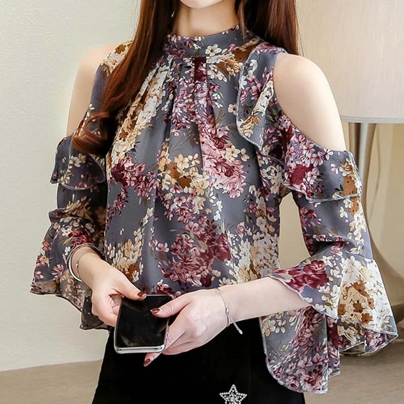 Blusas de gasa para mujer 2019 nueva blusa suelta de manga corta con hombros descubiertos con estampado de flores para mujer talla grande A057| Blusa| -