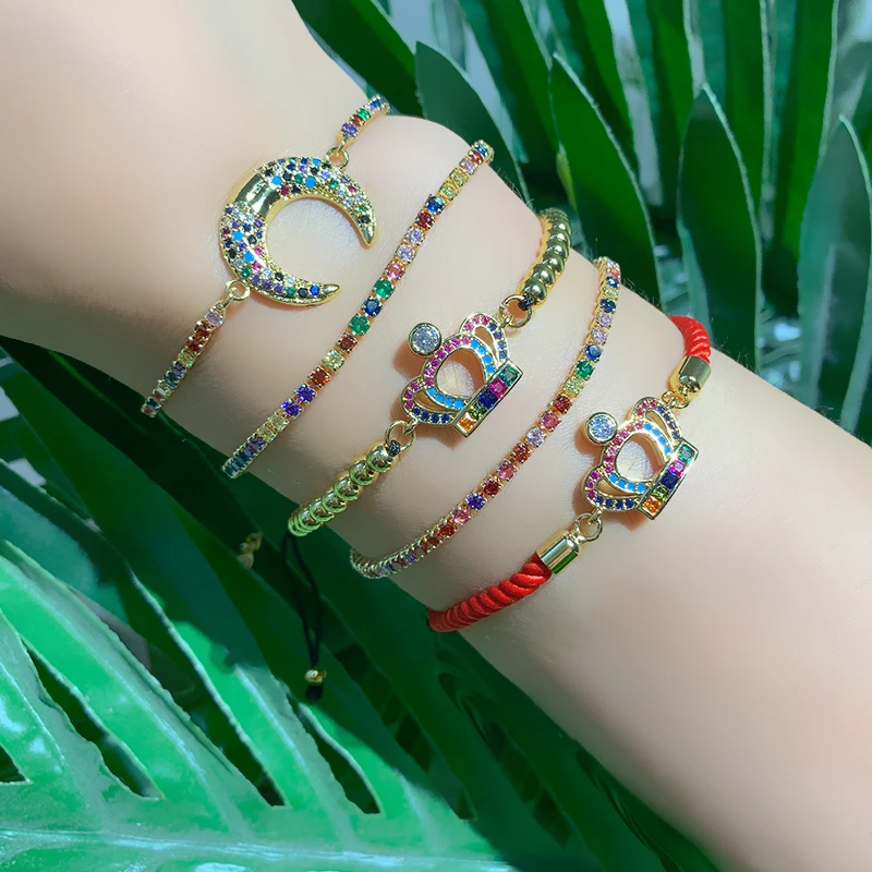 

Crescent Moon Crown Bracelet Women Cubic Zirconia Heart Bracelet Charm Gold color bead Rainbow Jewelry pulseras mujer jewelry