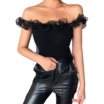 

Summer Women Black Sexy Off Shoulder Ruffles Slim T-shirt Femme Clothing Casual European Bottoming Tops Tee 2020 SJ5747M