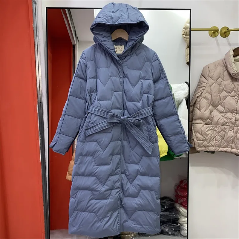 

White Duck Down Jacket 2023 New Winter Women Warm Thicken Hooded Parka Female Big Size Windproof Long Coat Outerwears With Belt