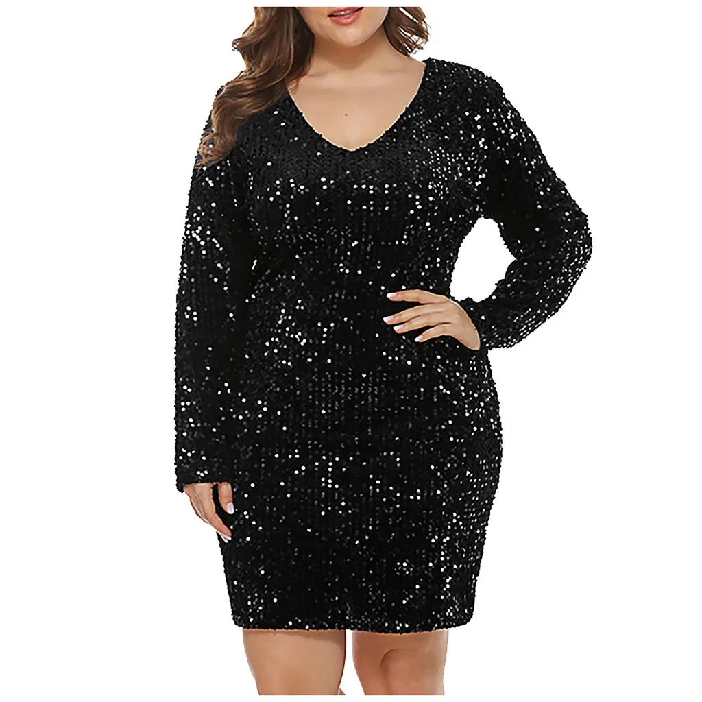 

Large Dress Women Elegant Ladies Party Dress Fashion Women's Sequined Dress Plus Size V-neck Sequins Bling Long Sleeves Dress#g3