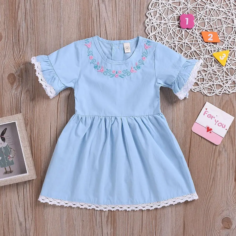 2020 Summer Blue Princess Girl Baby Dress With Flower Embroidered Lace
