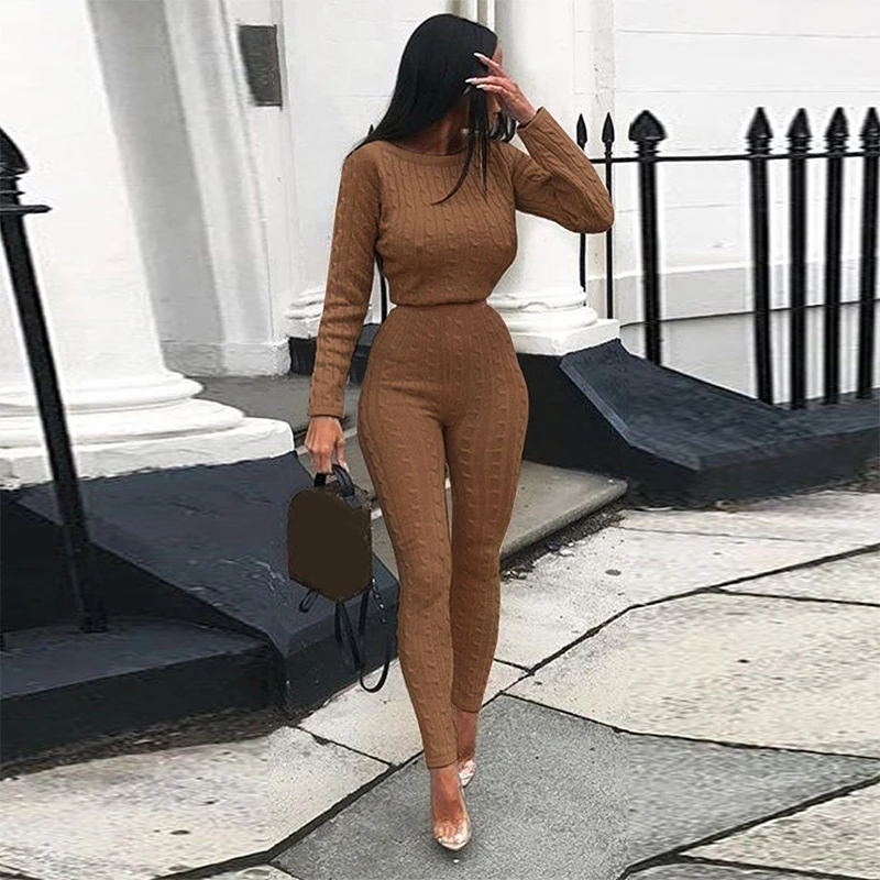 

Helisopus Autumn Solid Warm Knitted Two Piece Set Top and Pants Women Slim Long Sleeve Sweater Tops + Knitted Pants Outfits